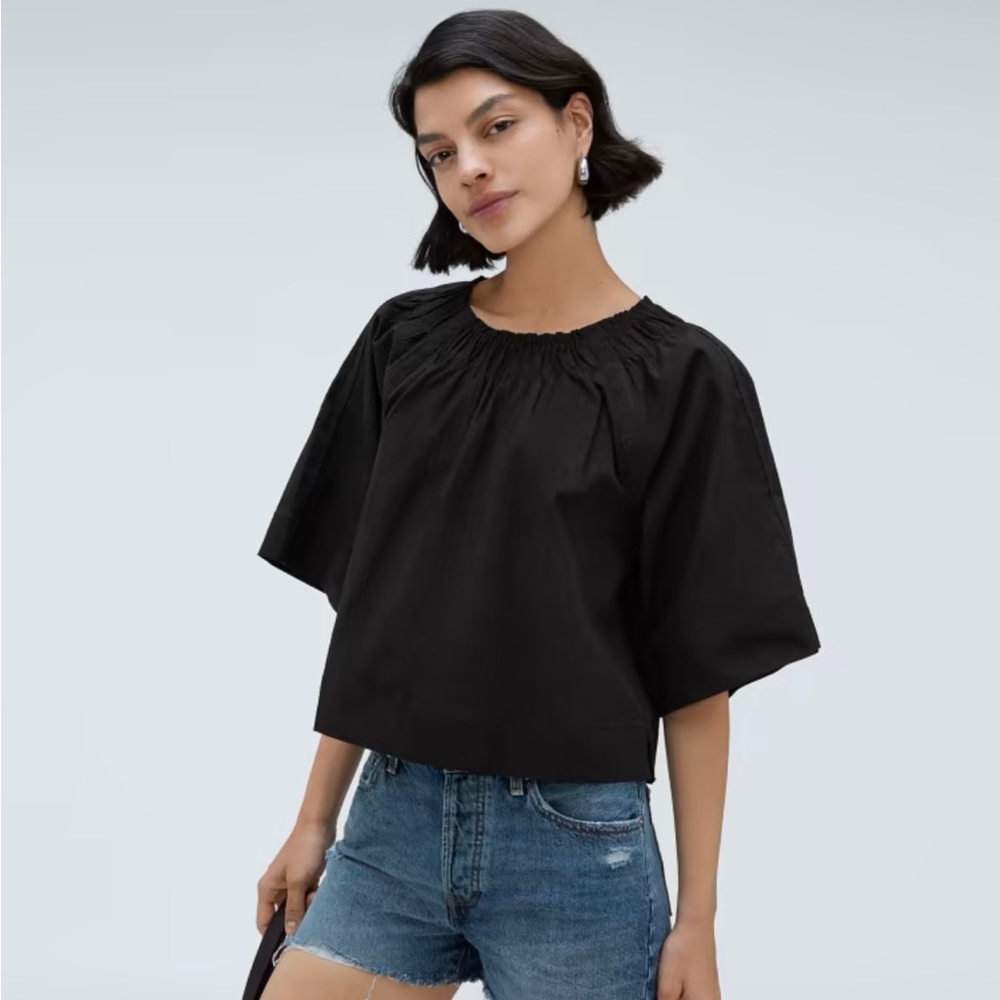 Everlane Black Gathered Neck Short-Sleeve Blouse
